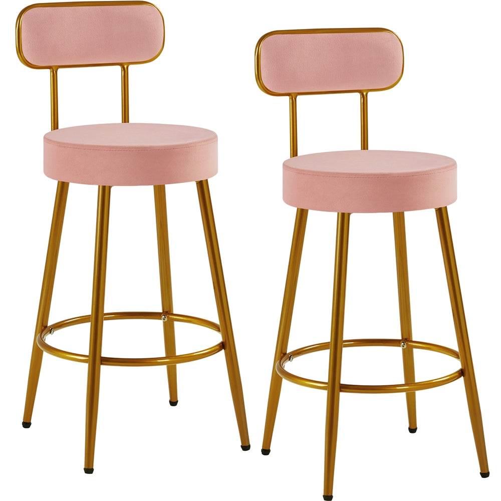 Set of 2 Velvet Bar Stools - 26'' Height with Backrest and Footrest, Modern Upholstered Counter Height Chairs for Kitchen, Dining, or Bar