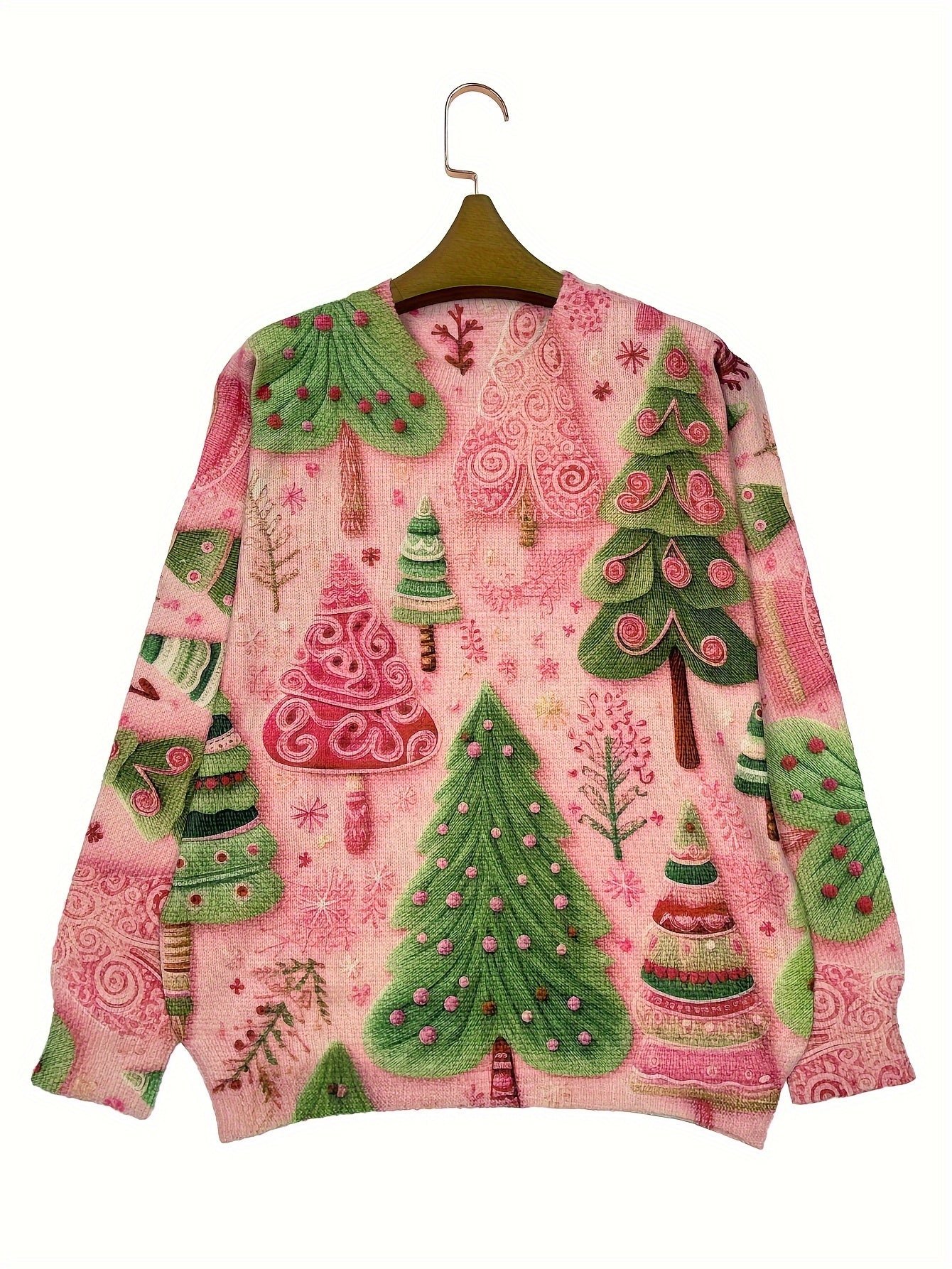 Women's Lightweight Christmas Tree Print Sweater - Casual Long Sleeve Crew Neck Knit Pullover for the Holiday Season