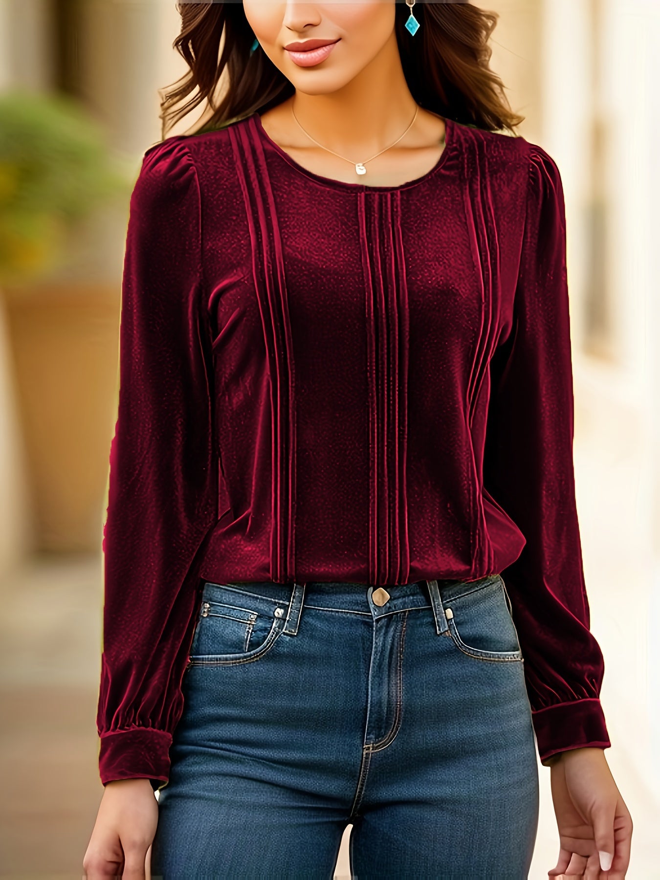 Elegant Velvet Long Sleeve Blouse for Women - Crew Neck, Solid Color, Stretchy & Comfortable Top for Formal or Casual Wear