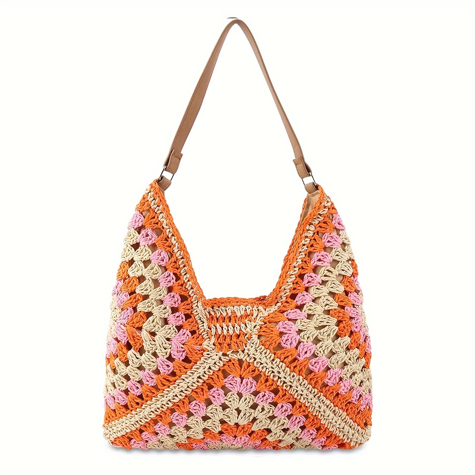 Straw Hobo Beach Tote Bag - Boho Woven Crochet Shoulder Bag, Foldable Handbag for Summer Travel & Vacation