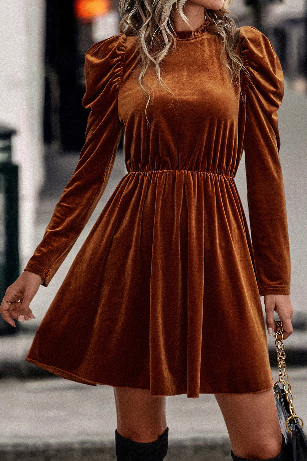 Elegant Chestnut Velvet Swing Dress with Frilled Neck and Gigot Sleeves - Perfect for Autumn Events and Holiday Gatherings