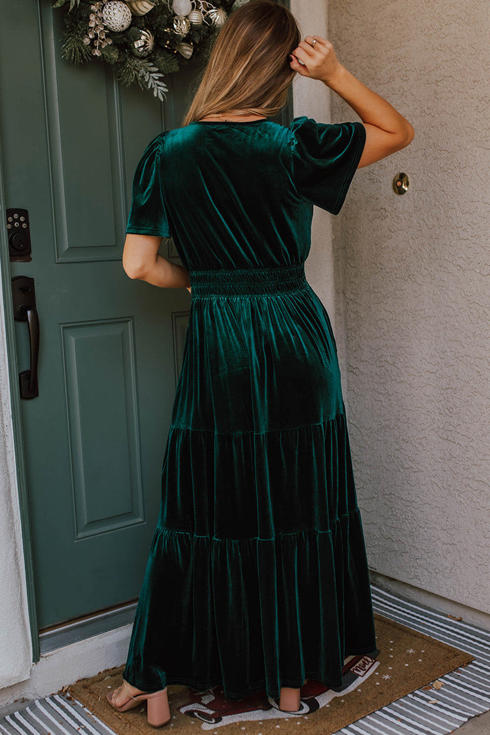 Evergreen Velvet Maxi Dress with Puff Short Sleeves and Smocked Waist - Elegant Tiered Design for Formal Events and Special Occasions