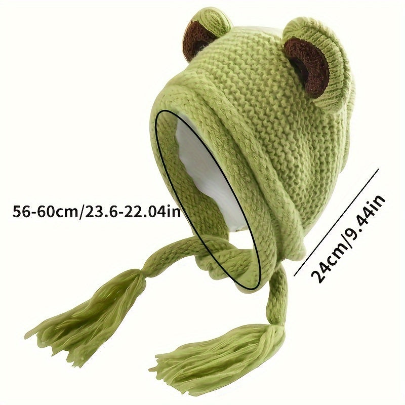 Frog Knitted Beanie Hat – Cute & Cozy Cartoon Earflap Hat for Winter