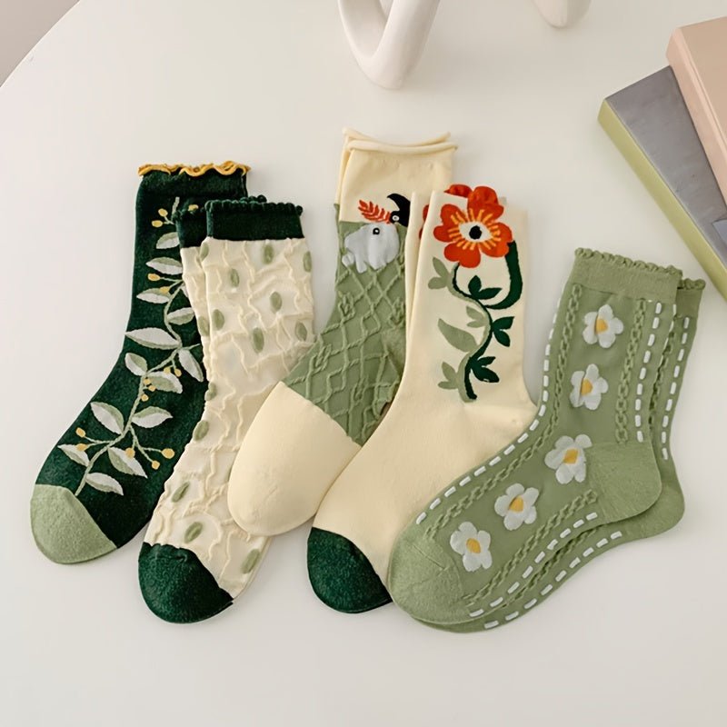 socks - 5 Pairs Women's Floral Trim Socks - Stylish & Comfortable, Perfect for Everyday Wear - Boho Eco Boutique™ - socks - Boho Eco Boutique™ - 5 Pairs Of Mixed Colors - One - size - 