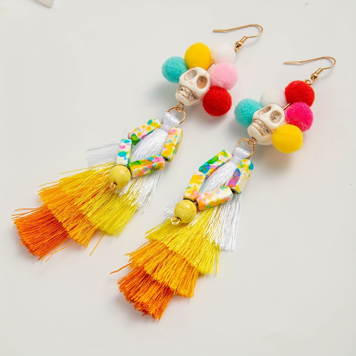 Colorful Pom-Pom Skull Dangle Earrings - Polyester Fiber with Iron Post, Perfect for Halloween & Fashionable Gifts