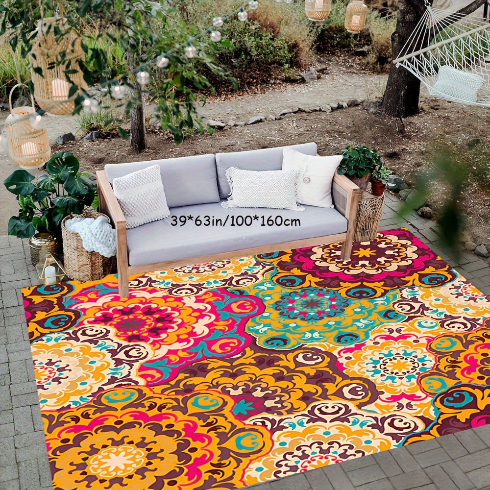 Vibrant Bohemian Outdoor Rug - Low Pile, Non-Slip Machine Washable Area Rug for Patio, Deck, Camping & RV