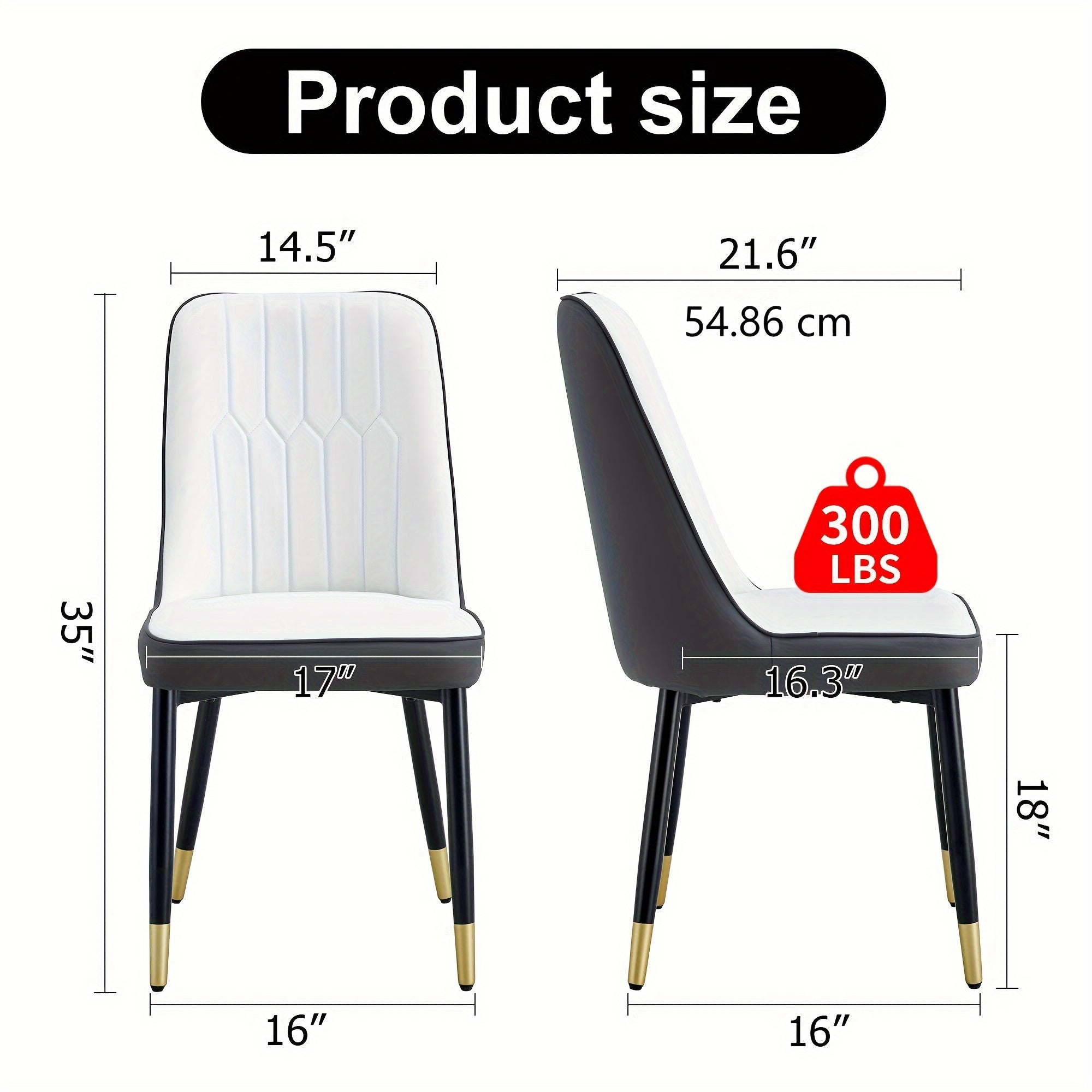 Modern Set of 2 Faux Leather Dining Chairs - PU Upholstered Kitchen Chairs with Black & Gold Metal Legs - White + Gray for Home, Living Room & Restaurant