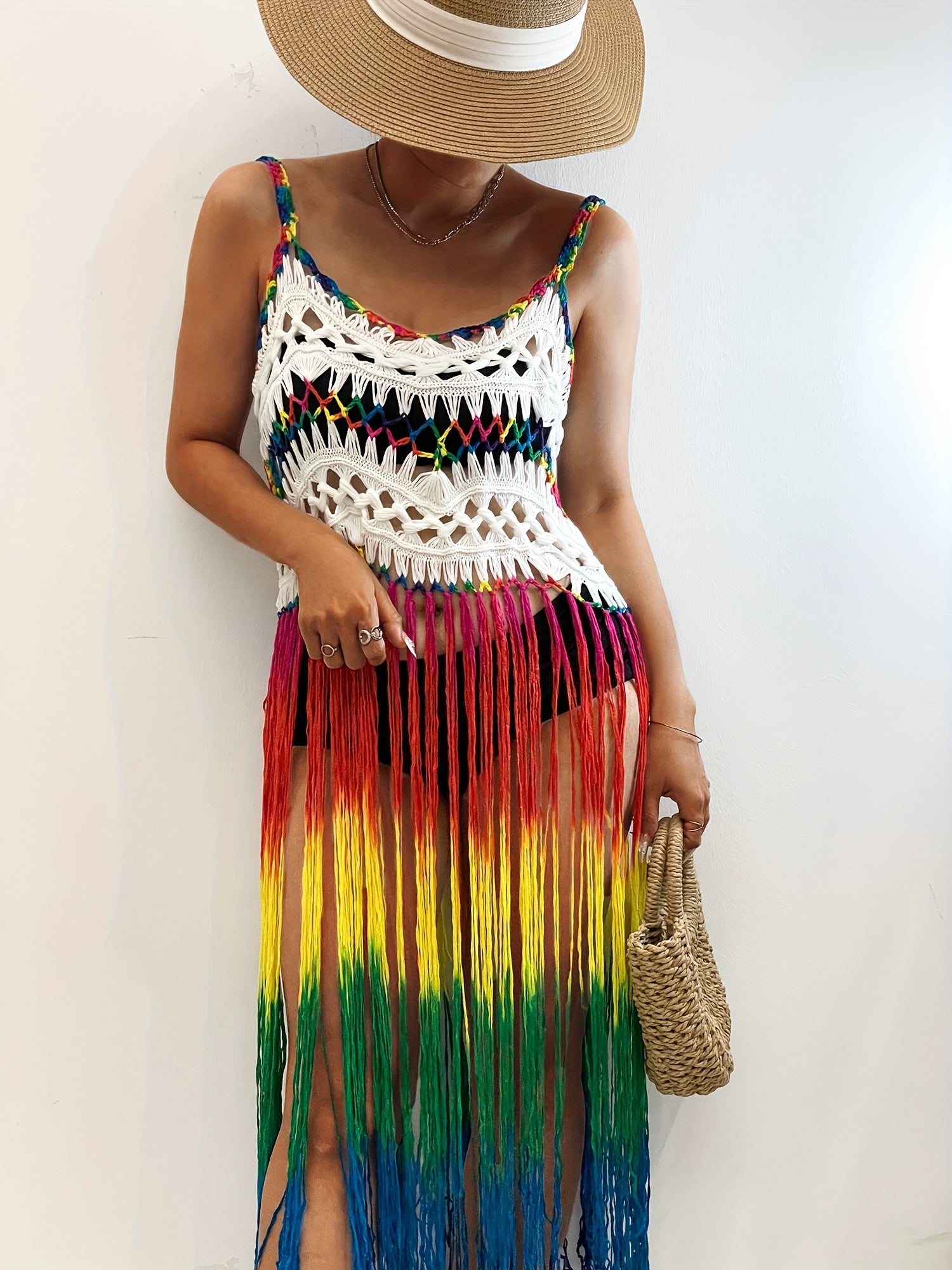 Rainbow Color Tassel Trim Cami Dress - Bohemian-Inspired Sleeveless V-Neck Cover-Up, Perfect for Spring and Summer