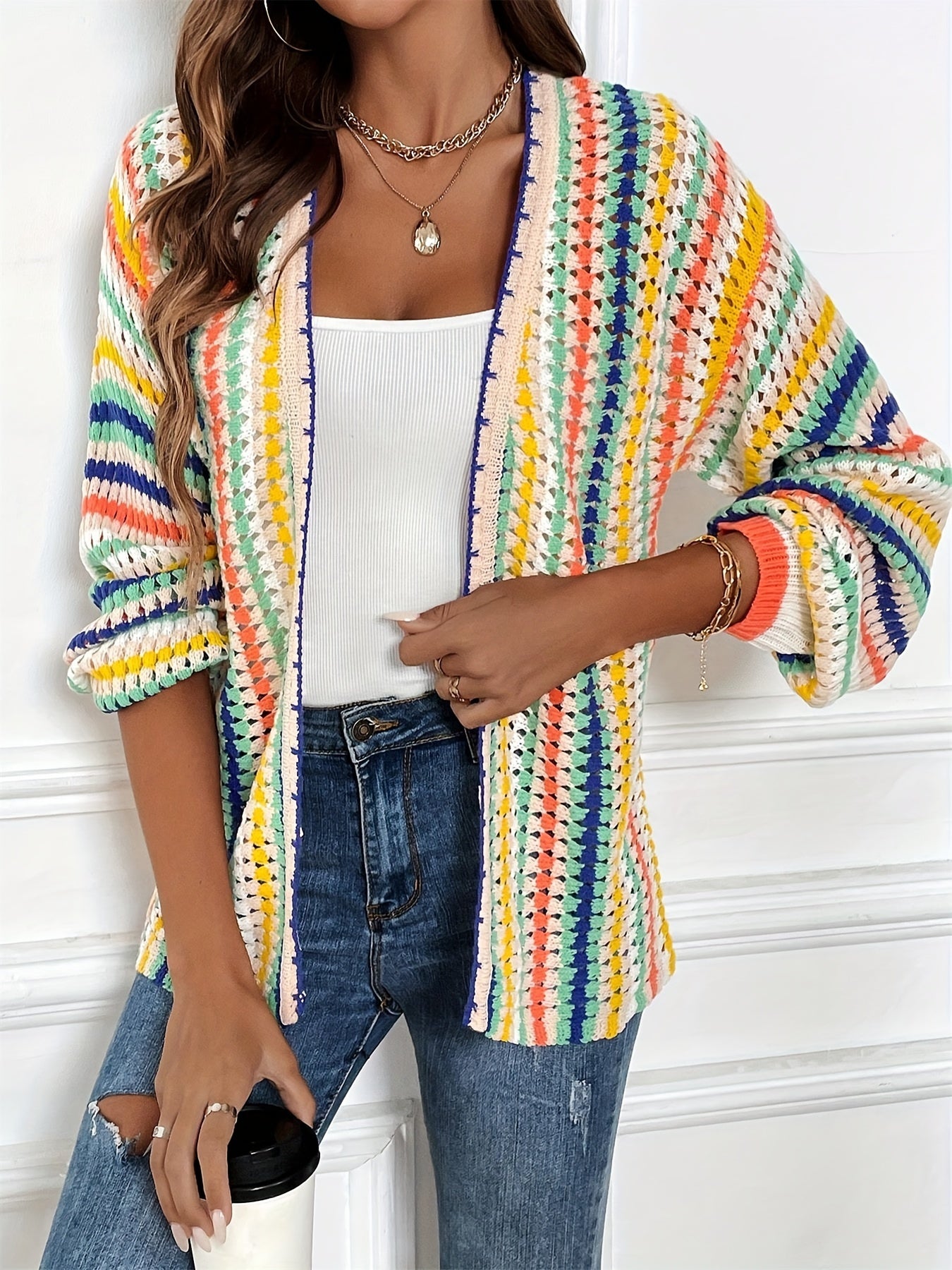 Casual Striped Knit Cardigan - Long Sleeve Open Front Color Block Sweater, Slight Stretch, Regular Fit for Fall/Winter