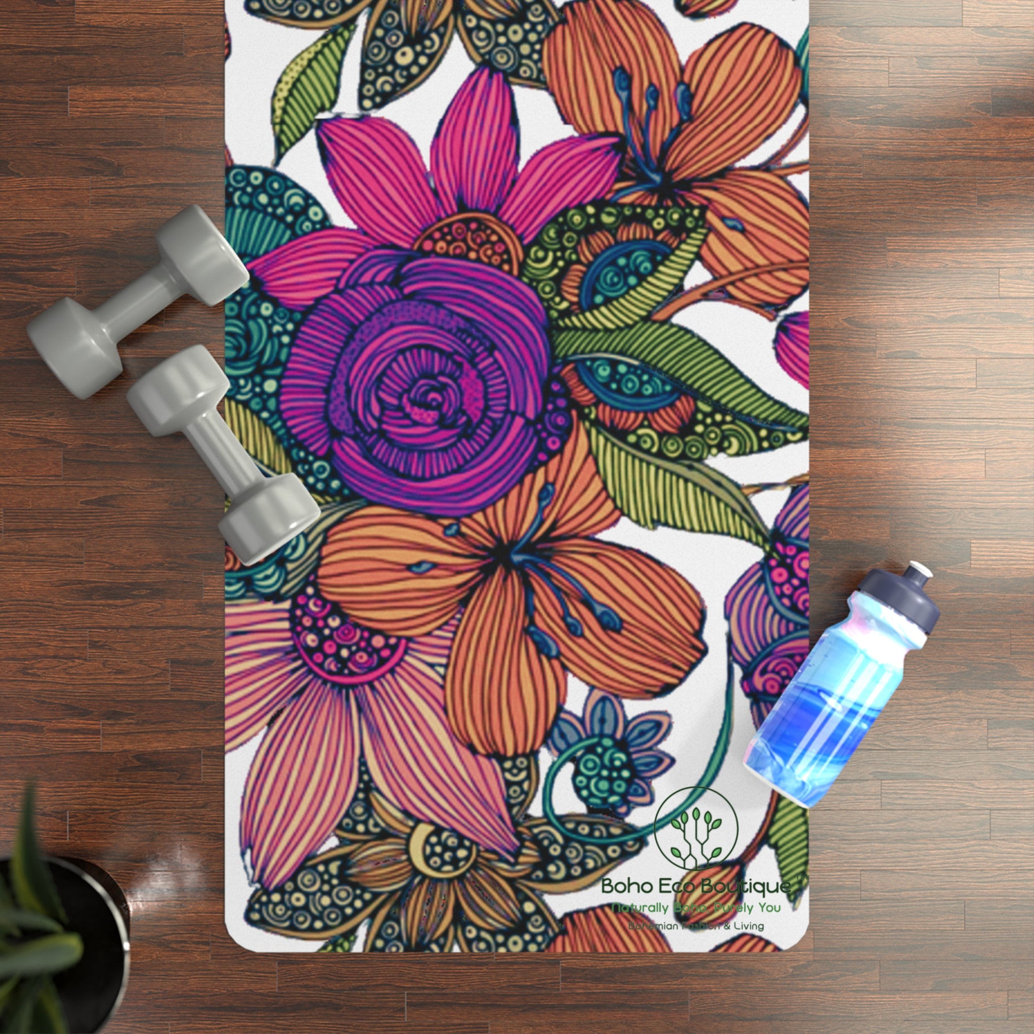 Custom Boho Eco Yoga Mat | Vibrant Floral & White Rubber Mat | Non-Slip & Eco-Friendly | Perfect for Home, Gym & Yoga Workouts