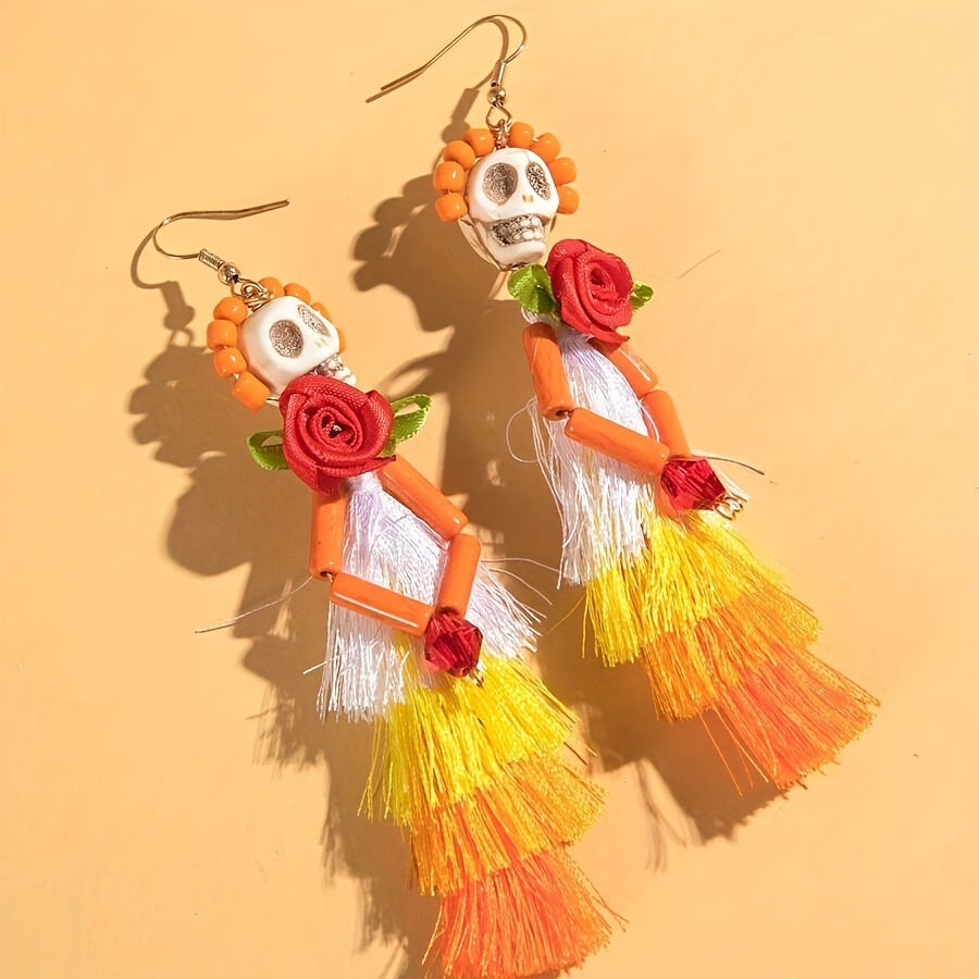 Whimsical Skull Skeleton Earrings with Rainbow Rose Tassels - Playful Polyester Drop Earrings - Unique Gift for Women, Perfect for Everyday Wear