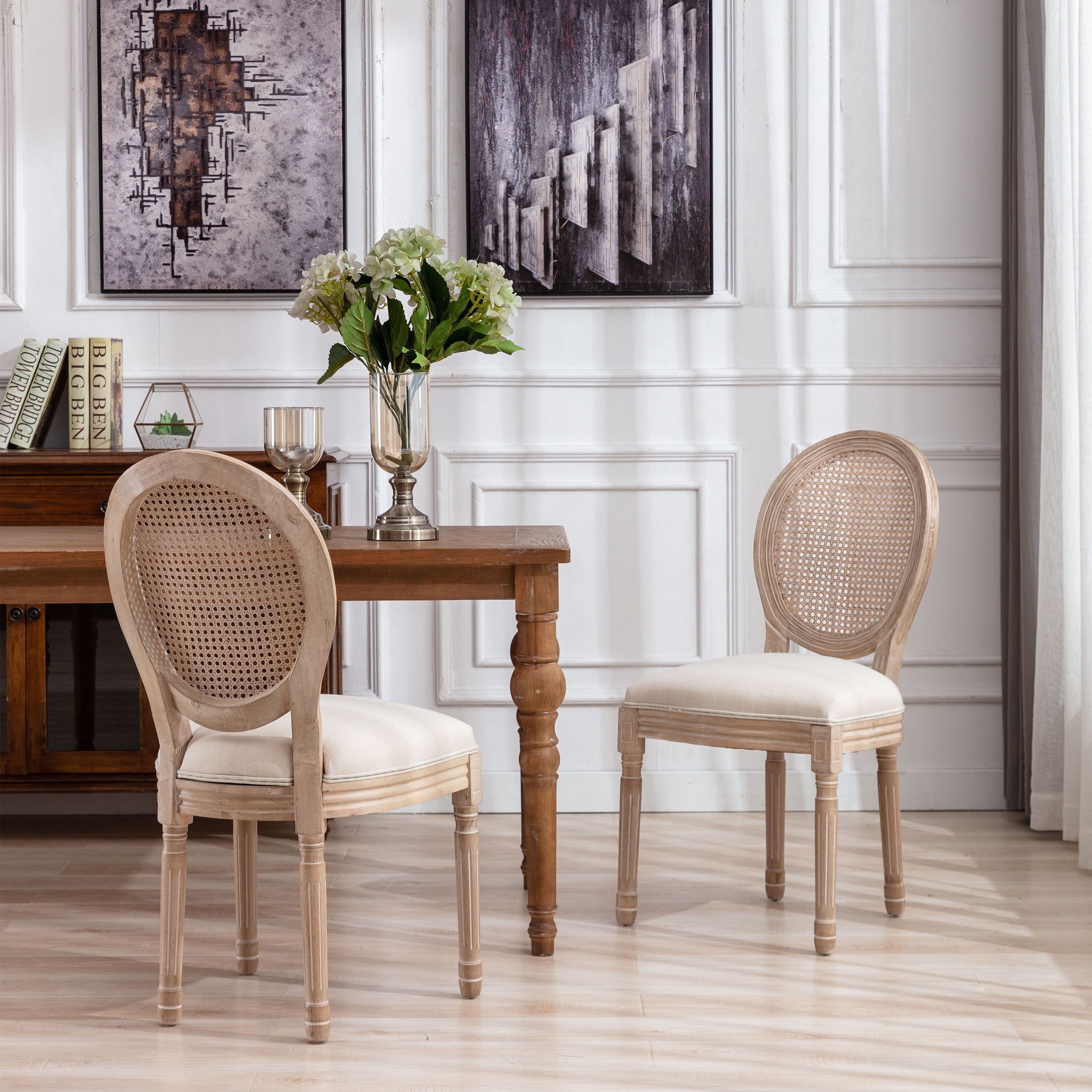 Set of 2 Cream-Colored French-Style Dining Chairs - Solid Wood Frame, Linen Seat & Rattan Back - Durable & Elegant Indoor/Outdoor Seating