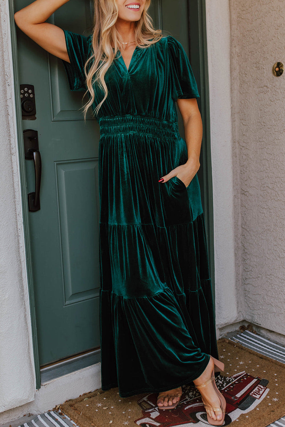 Evergreen Velvet Maxi Dress with Puff Short Sleeves and Smocked Waist - Elegant Tiered Design for Formal Events and Special Occasions