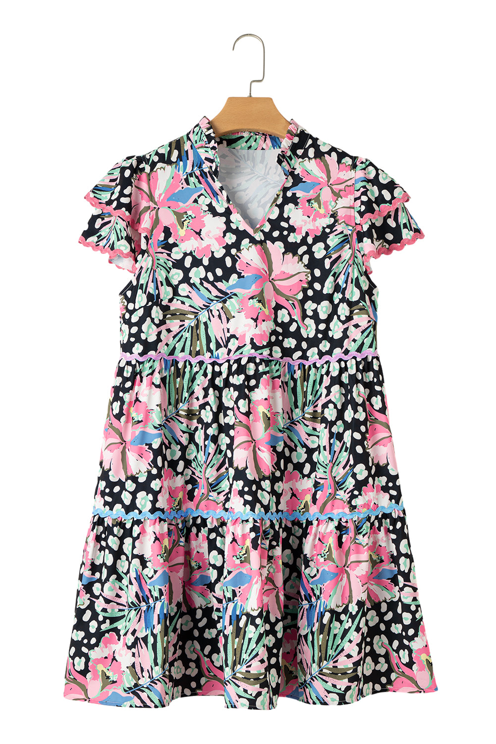 Feminine Pink Floral Print Mini Dress with Wavy Embellished V-Neck - Perfect for Spring Outings and Special Occasions