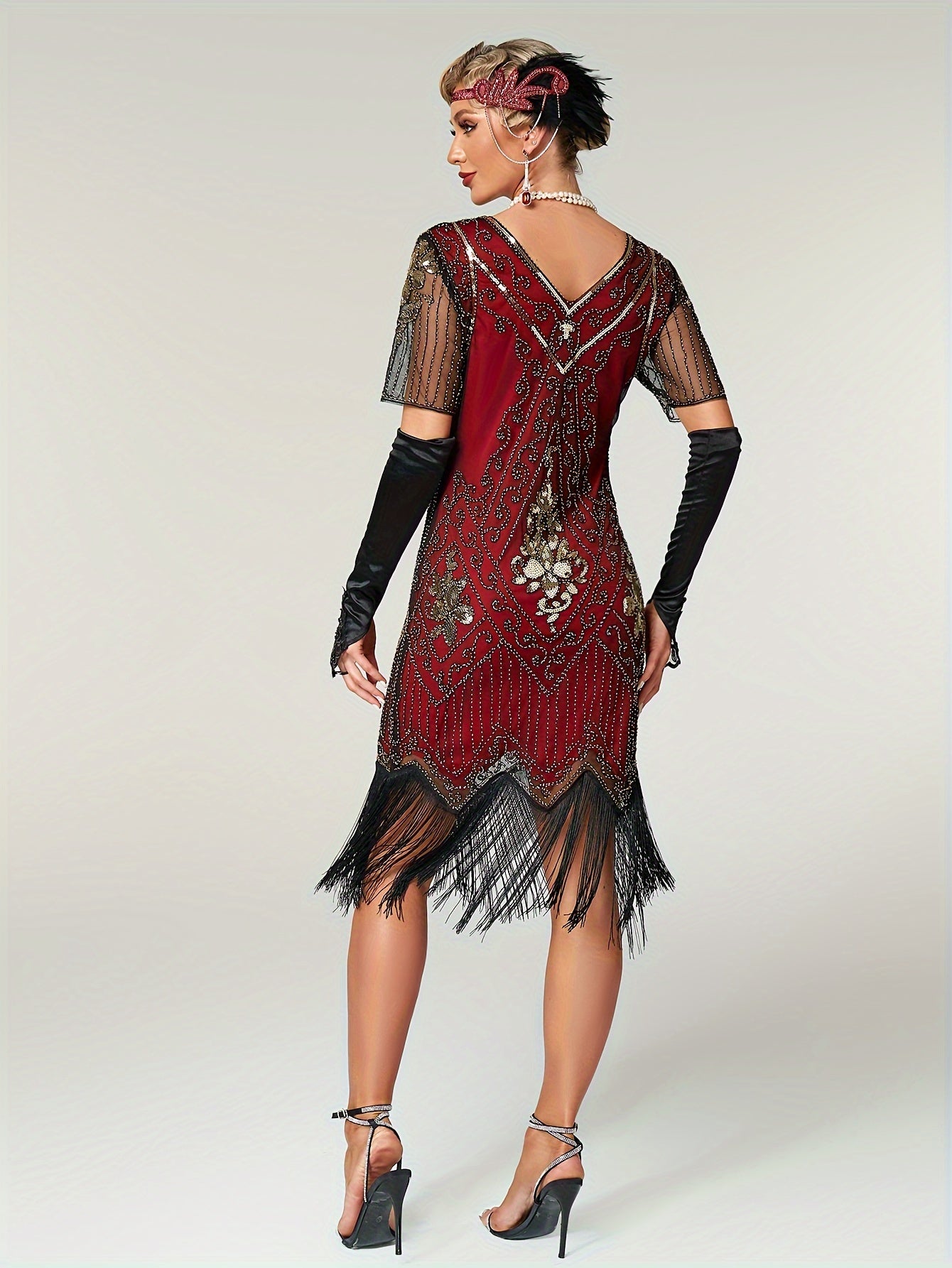 Retro Short Sequin Flapper Dress - V-Neck Slim Fit with Illusion Sleeves & Fringe Detail, Women's Vintage-Inspired Party Clothing