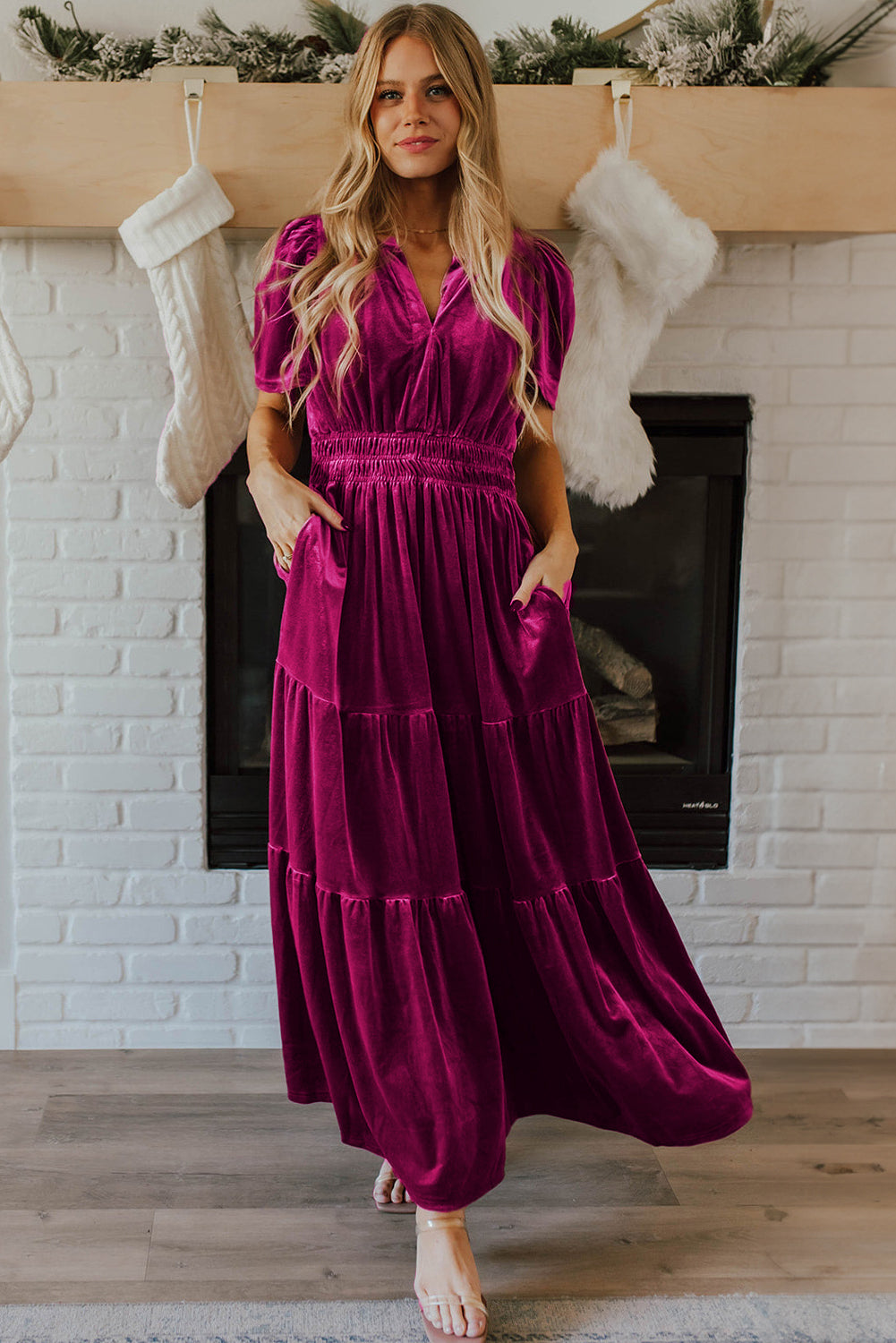 Evergreen Velvet Maxi Dress with Puff Short Sleeves and Smocked Waist - Elegant Tiered Design for Formal Events and Special Occasions