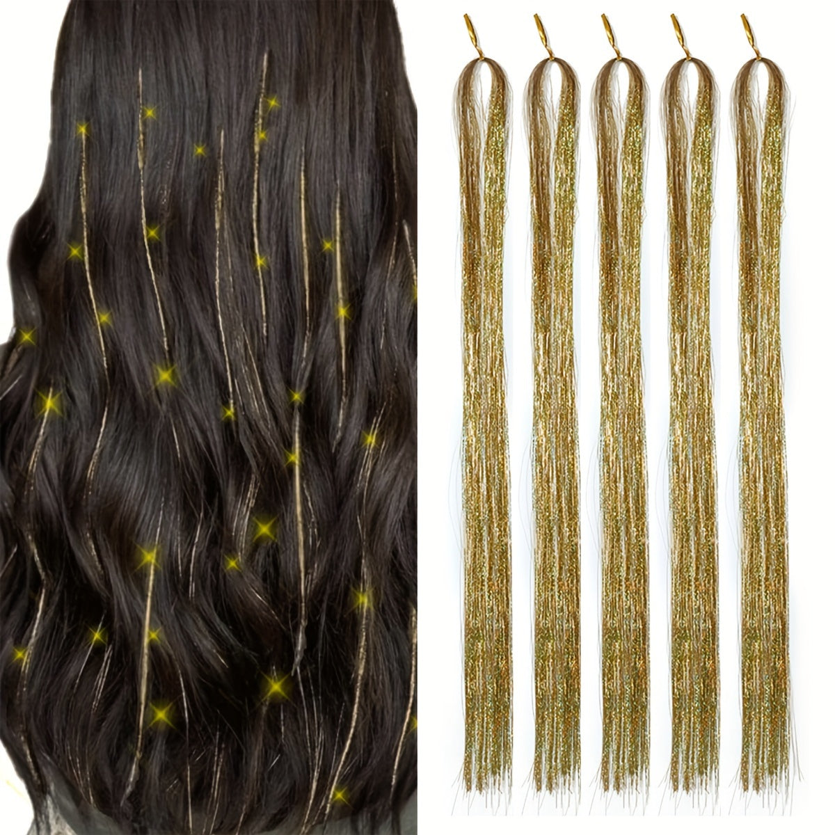 A Set of 5pcs 42-inch Golden Silvery Wire Hair Shiny Sequins Tassels- Heat-Resistant Synthetic Fiber for Christmas & Halloween Parties