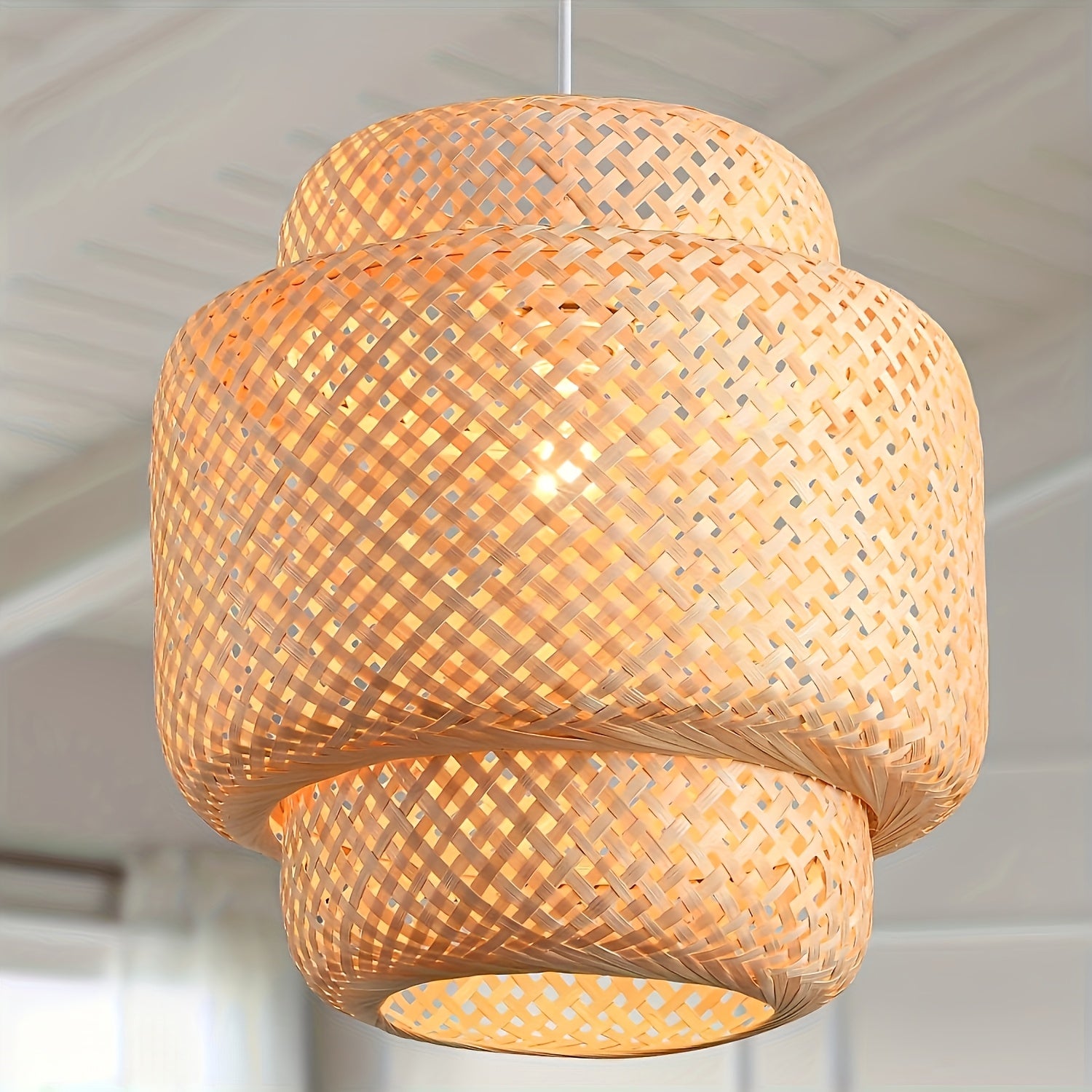 Bohemian Hand-Woven Wooden Pendant Light – Semi Flush Mount Fixture with Easy Installation for Kitchen, Living Room, Bedroom, and Coffee Shop Decor