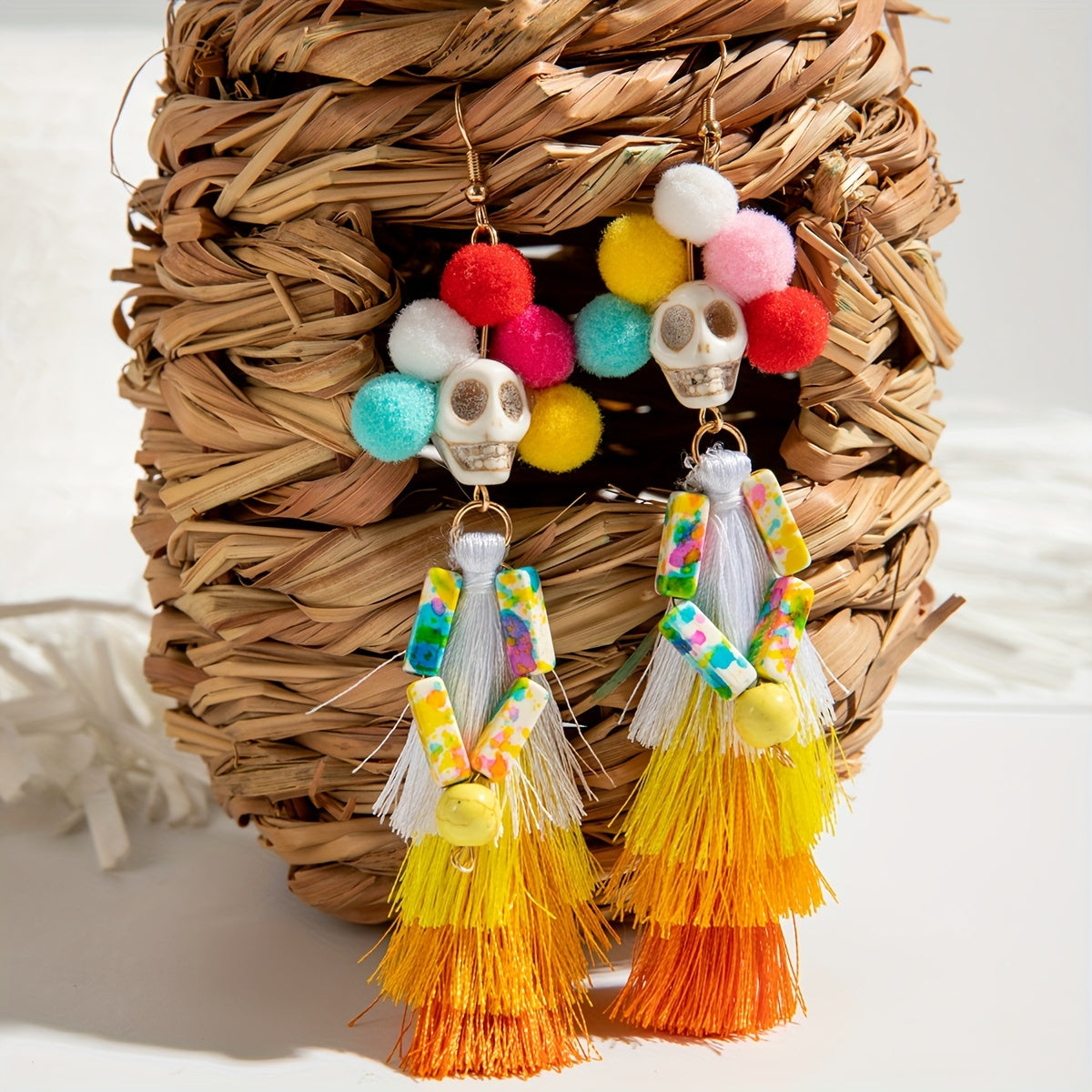 Colorful Pom-Pom Skull Dangle Earrings - Polyester Fiber with Iron Post, Perfect for Halloween & Fashionable Gifts