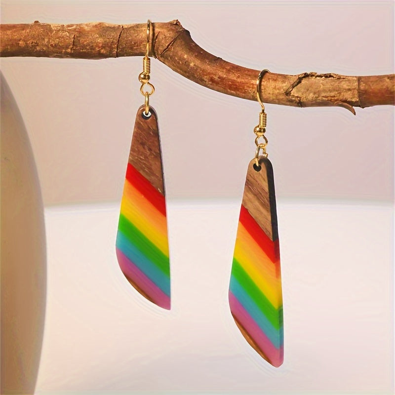 Boho-Chic Rainbow Knife Wood & Resin Dangle Earrings - Nickel-Free Copper Hooks, Perfect for Everyday Glam & Parties