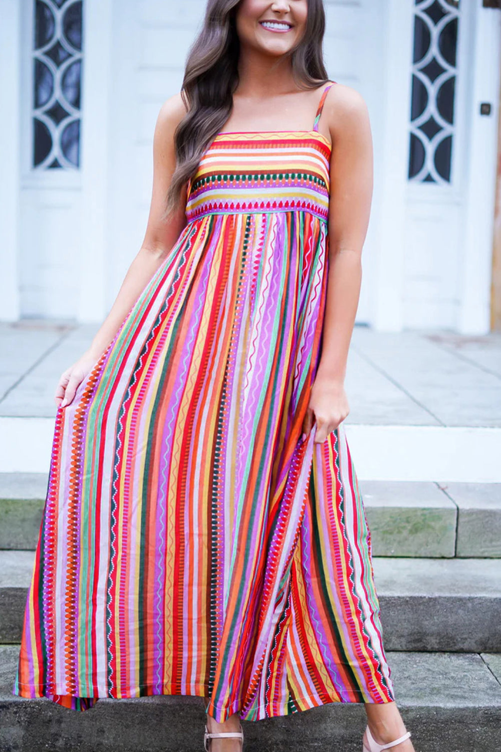 Vibrant Multicolor Boho Striped Maxi Dress with Spaghetti Straps and Smocked Back - Perfect for Beach Days and Summer Festivals