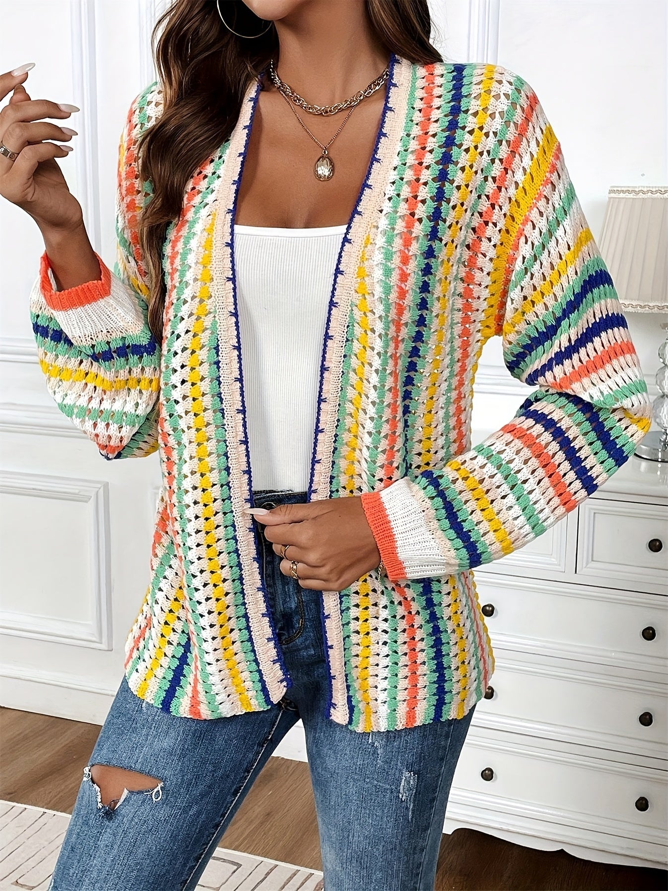 Casual Striped Knit Cardigan - Long Sleeve Open Front Color Block Sweater, Slight Stretch, Regular Fit for Fall/Winter