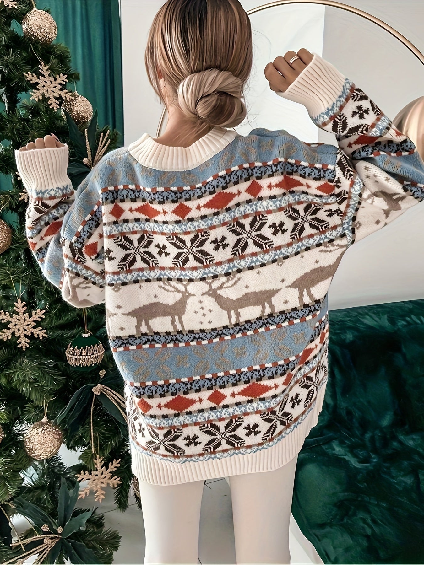 Cozy Christmas Pattern Crew Neck Sweater - Women's Casual Long Sleeve Pullover for Fall & Winter, Soft, Warm & Comfortable