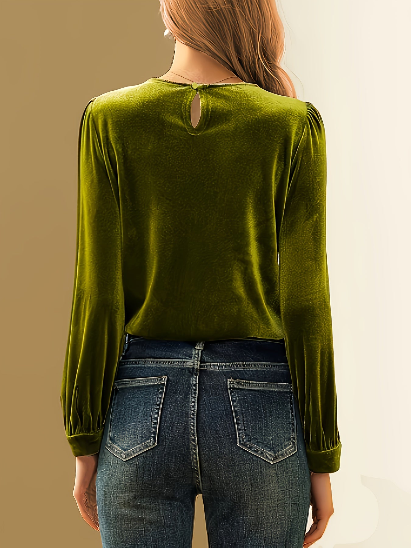 Elegant Velvet Long Sleeve Blouse for Women - Crew Neck, Solid Color, Stretchy & Comfortable Top for Formal or Casual Wear