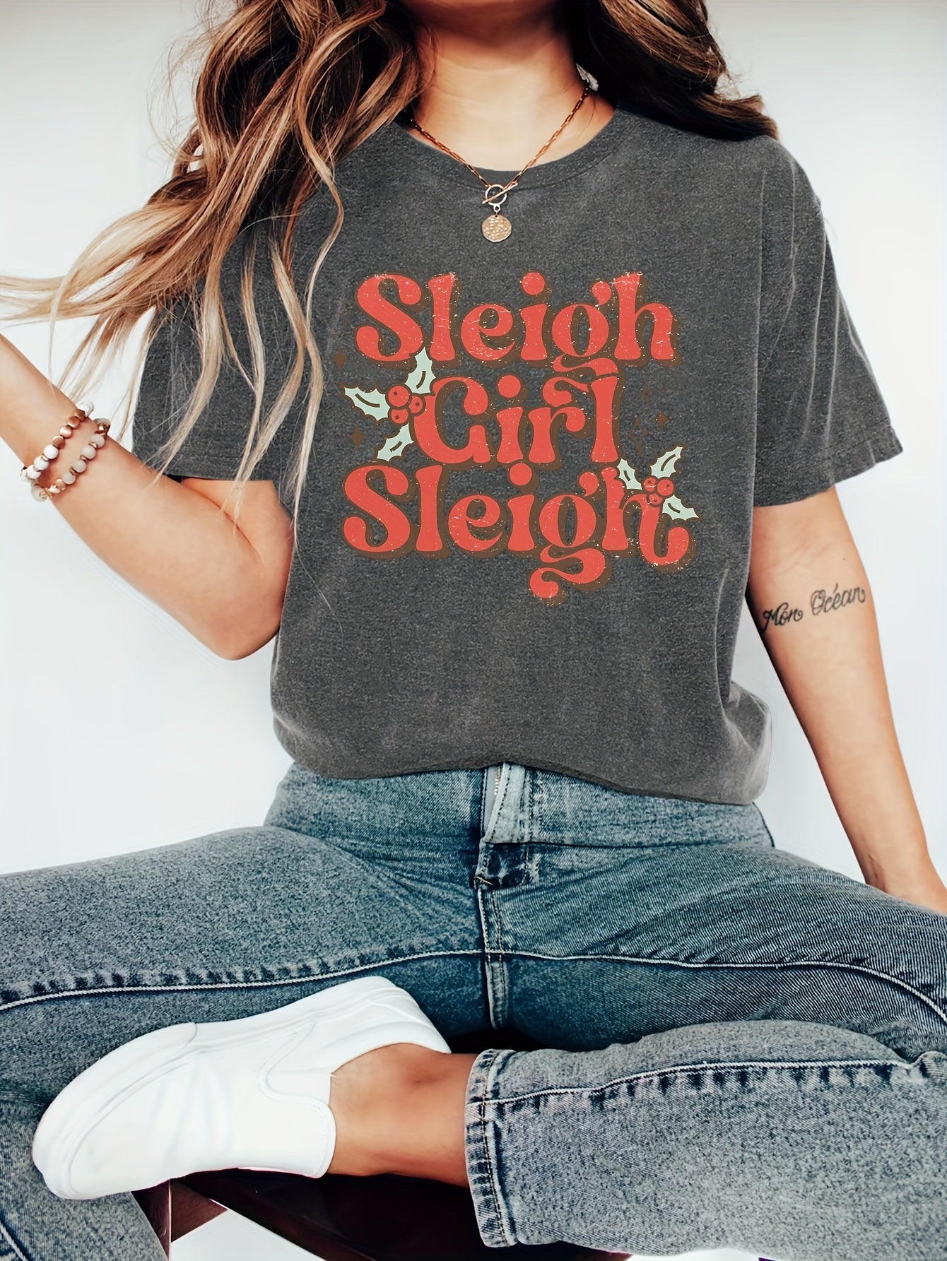 Women's Festive Christmas T-Shirt - Casual Crew Neck Short Sleeve Top Sleigh Girl Sleigh