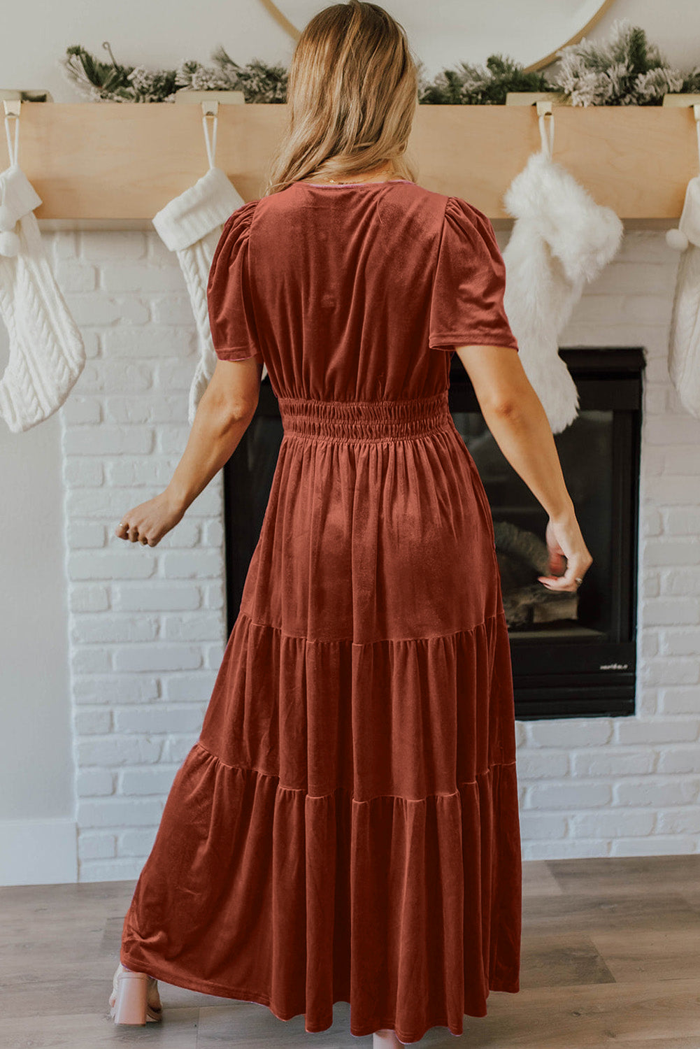 Evergreen Velvet Maxi Dress with Puff Short Sleeves and Smocked Waist - Elegant Tiered Design for Formal Events and Special Occasions