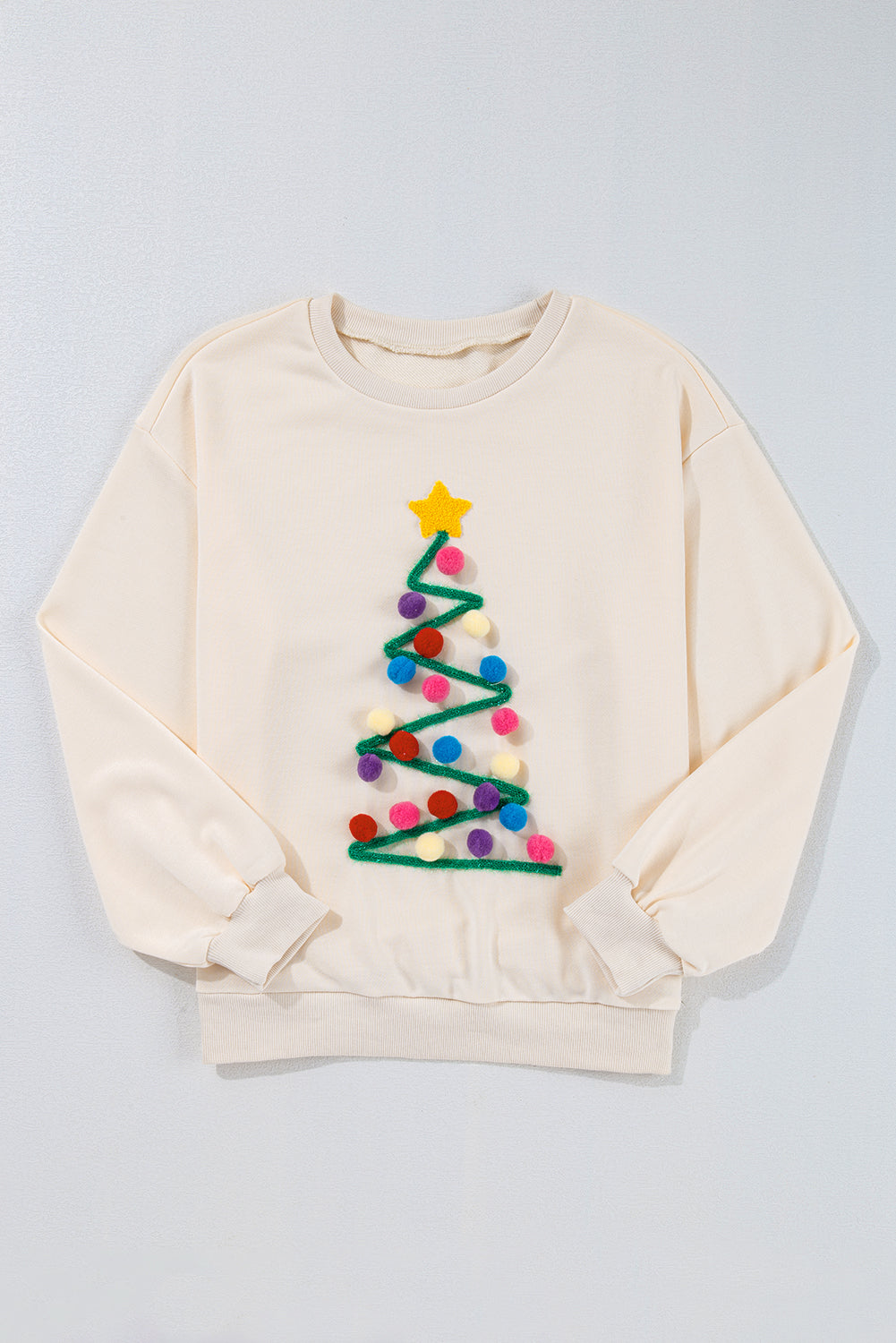 Festive Beige Tinsel Christmas Tree Sweatshirt with Random Pom Poms - Cozy Holiday Apparel