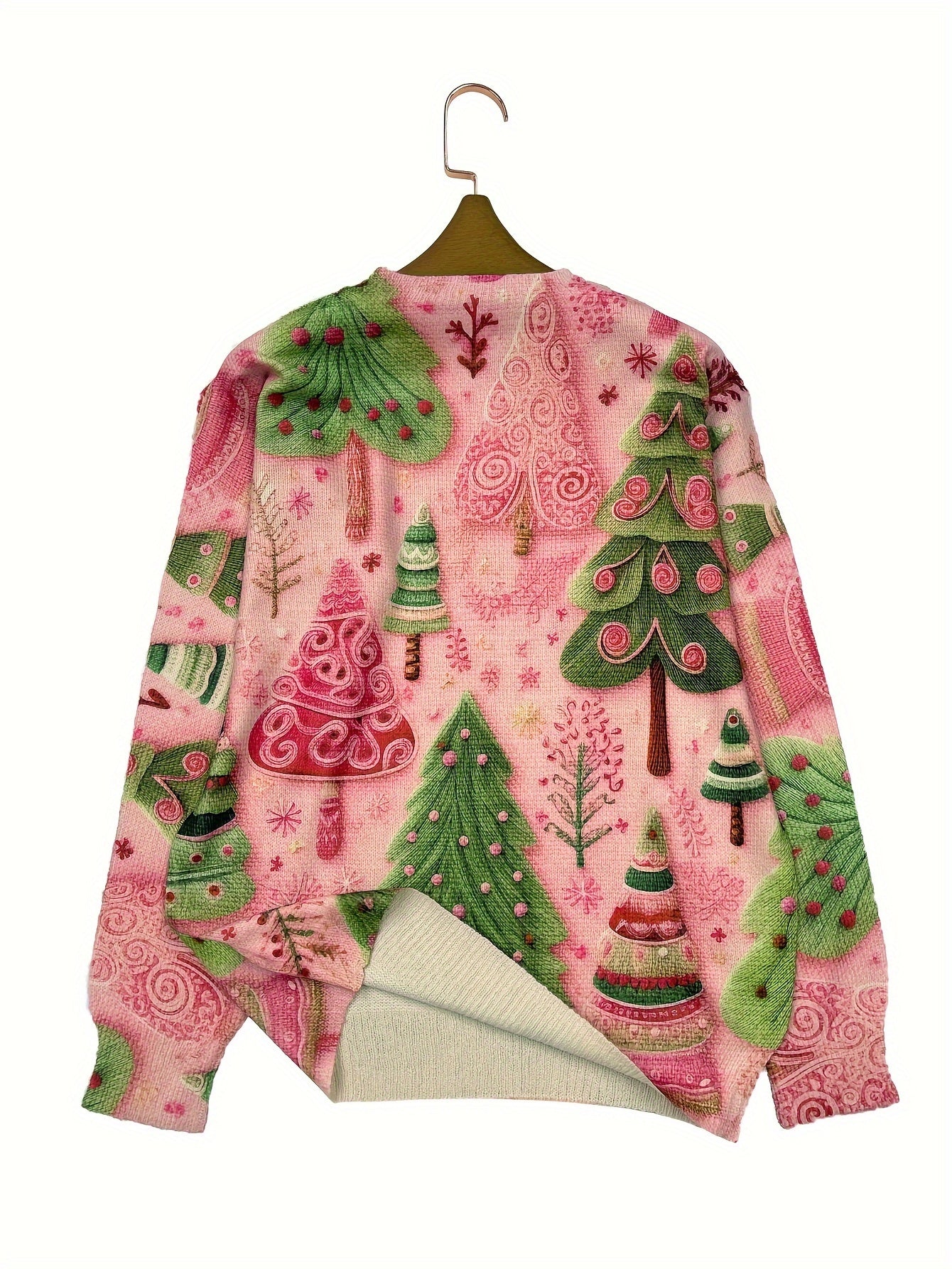 Women's Lightweight Christmas Tree Print Sweater - Casual Long Sleeve Crew Neck Knit Pullover for the Holiday Season