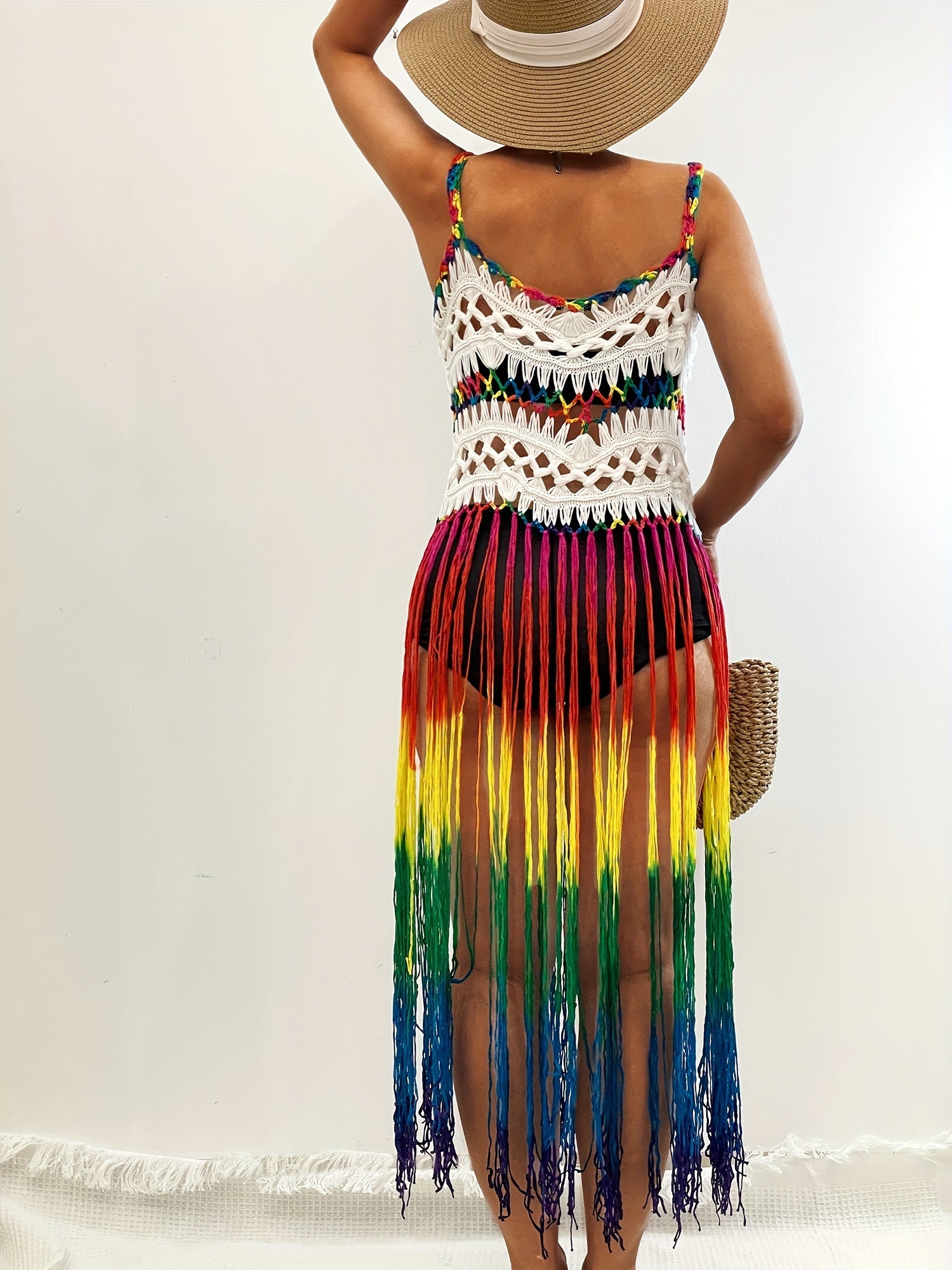 Rainbow Color Tassel Trim Cami Dress - Bohemian-Inspired Sleeveless V-Neck Cover-Up, Perfect for Spring and Summer