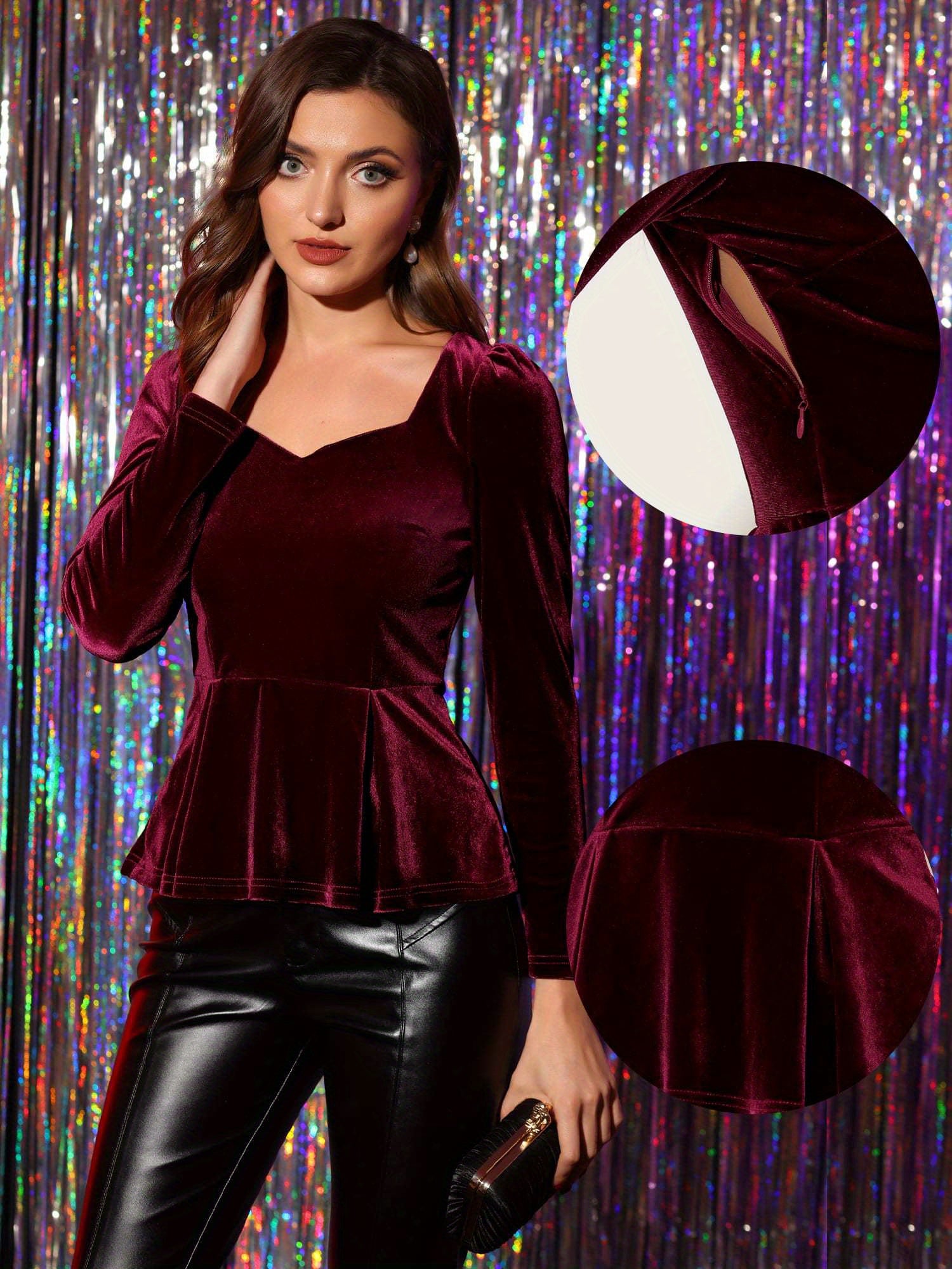 Elegant Long Sleeve Velvet Blouse for Women - Sweetheart Neck Peplum Top, Perfect for Formal & Casual Occasions