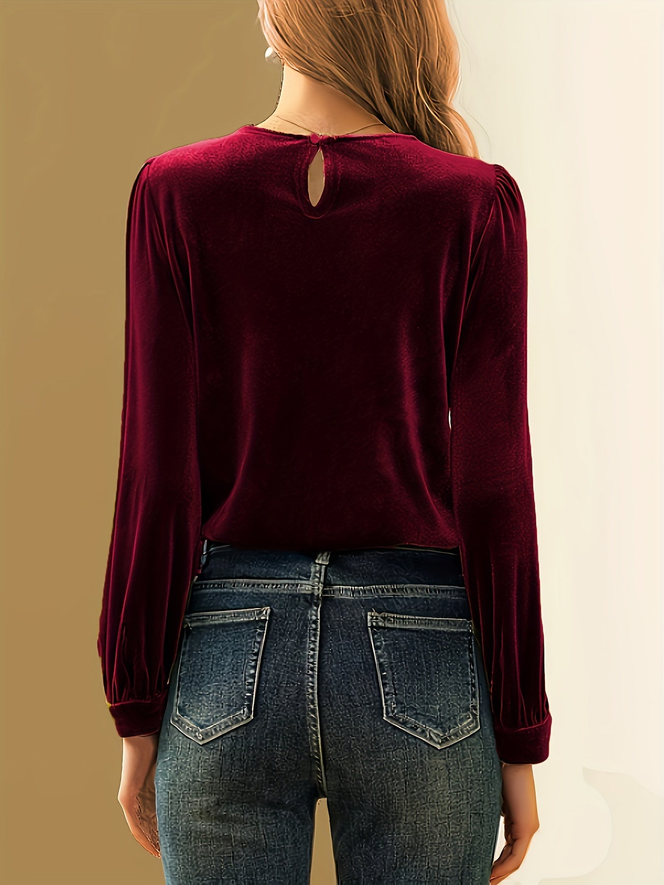 Elegant Velvet Long Sleeve Blouse for Women - Crew Neck, Solid Color, Stretchy & Comfortable Top for Formal or Casual Wear