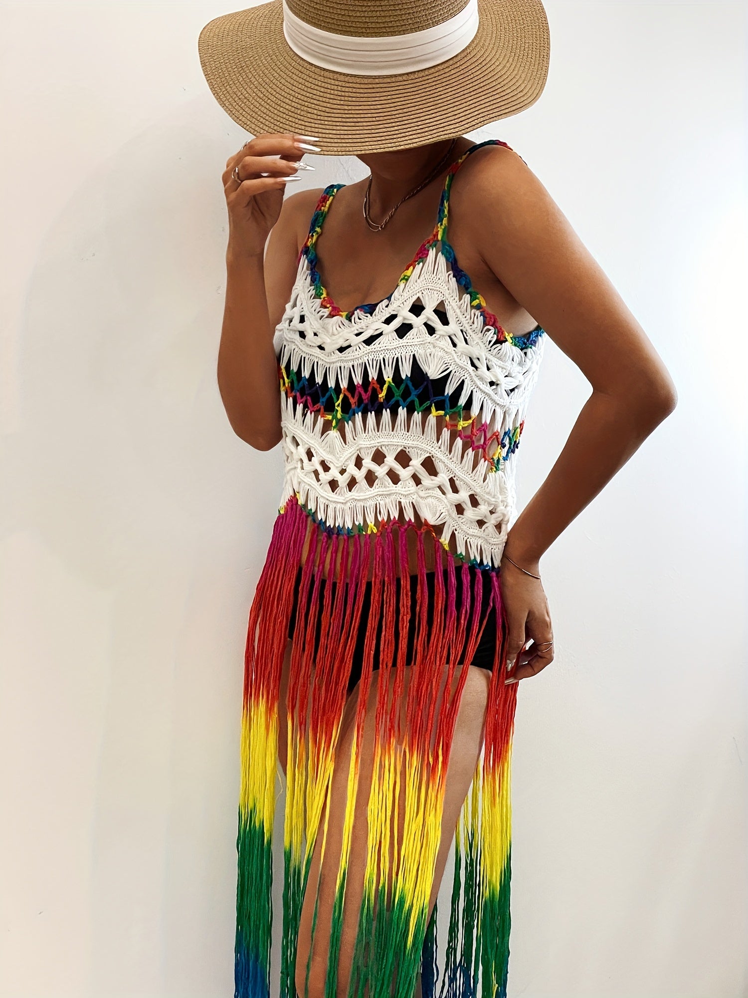 Rainbow Color Tassel Trim Cami Dress - Bohemian-Inspired Sleeveless V-Neck Cover-Up, Perfect for Spring and Summer