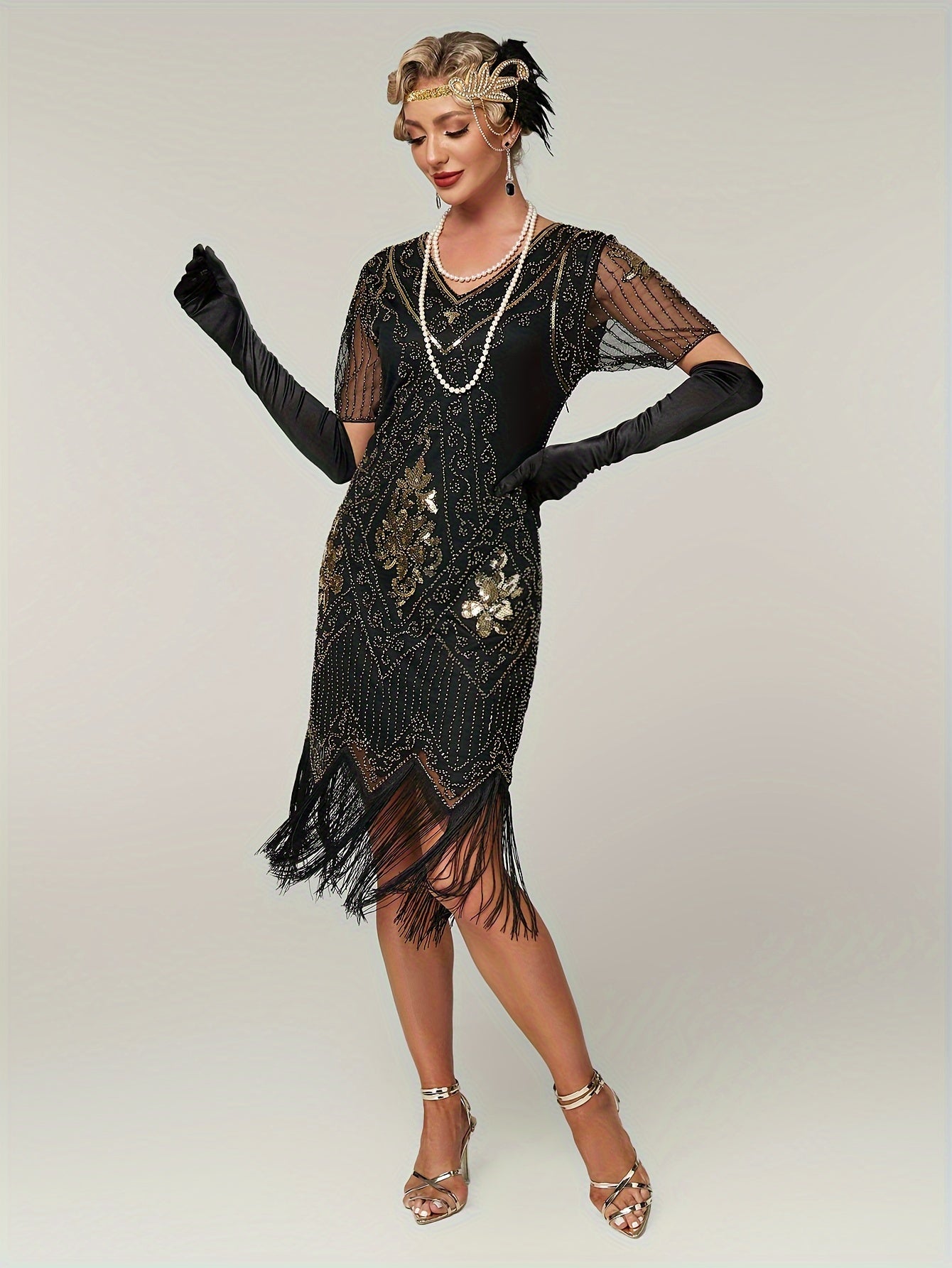 Retro Short Sequin Flapper Dress - V-Neck Slim Fit with Illusion Sleeves & Fringe Detail, Women's Vintage-Inspired Party Clothing