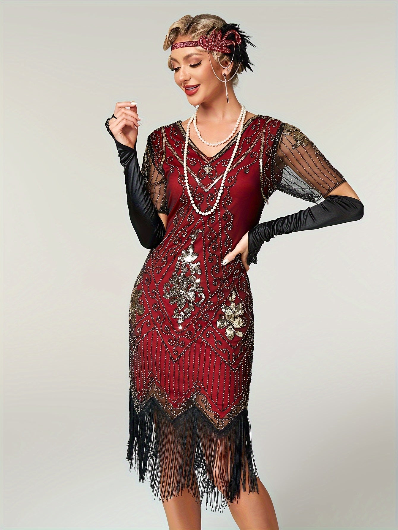 Retro Short Sequin Flapper Dress - V-Neck Slim Fit with Illusion Sleeves & Fringe Detail, Women's Vintage-Inspired Party Clothing