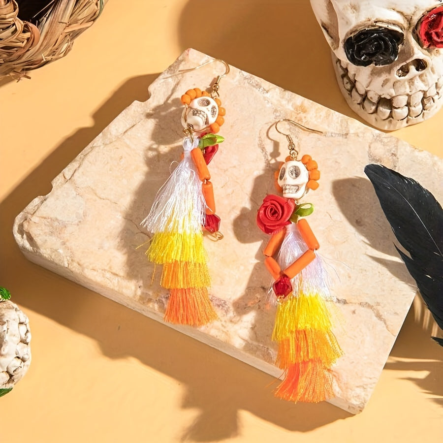 Whimsical Skull Skeleton Earrings with Rainbow Rose Tassels - Playful Polyester Drop Earrings - Unique Gift for Women, Perfect for Everyday Wear