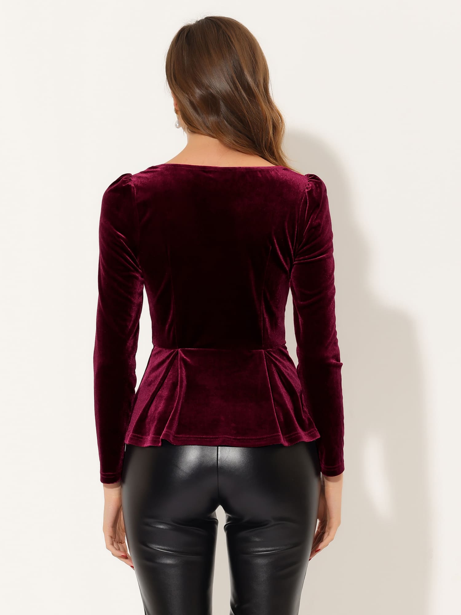 Elegant Long Sleeve Velvet Blouse for Women - Sweetheart Neck Peplum Top, Perfect for Formal & Casual Occasions