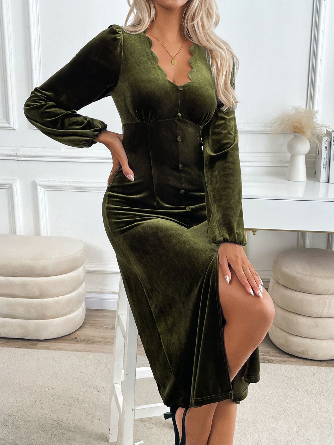 Perfect Slit V-Neck Long Sleeve Midi Dress - Elegant & Stylish Women's Fashion for Spring, Fall, Winter & Summer