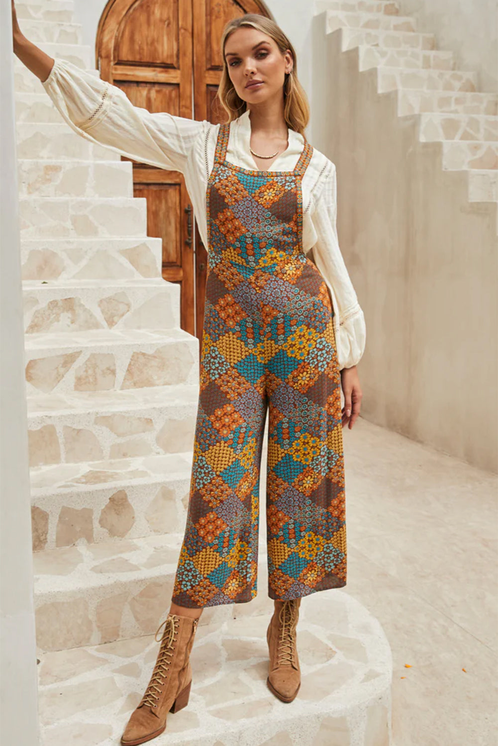 Vibrant Boho Floral Print Cropped Wide Leg Overalls - Playful and Stylish, Perfect for Summer Festivals or Casual Outings