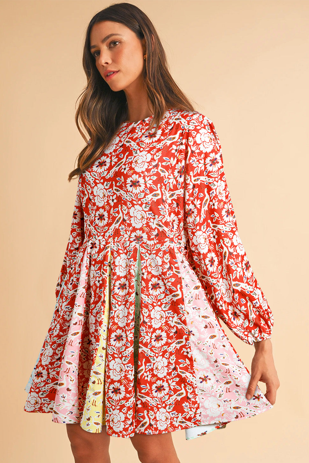 Elegant Red Boho Floral Patchwork Dress with Long Sleeves and Pleats - Perfect for Any Season