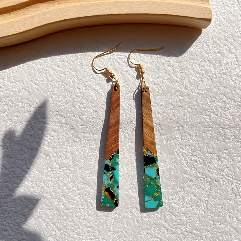 2pcs Retro Spliced Resin & Wooden Long Irregular Bar Dangle Earrings - Unique Statement Jewelry for Women