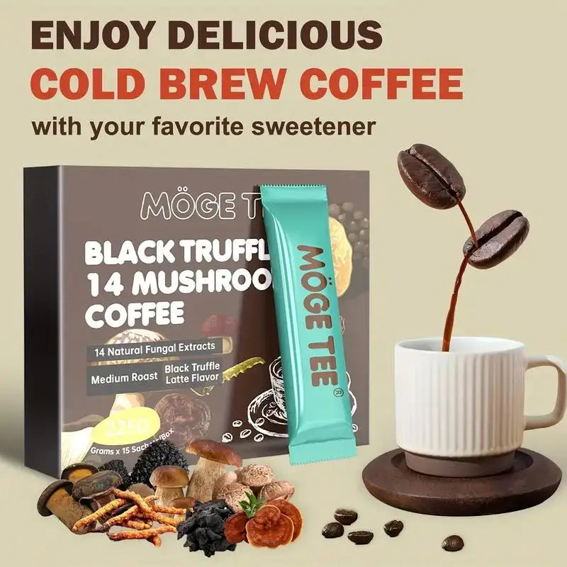 MOGE TEE 14 Mushroom Coffee, Black Truffle Latte, Cold Brew Arabica, 8OZ (15 Packets)