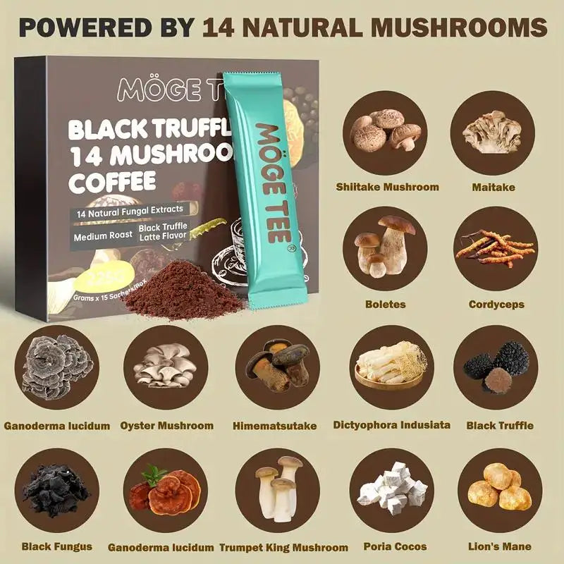 MOGE TEE 14 Mushroom Coffee, Black Truffle Latte, Cold Brew Arabica, 8OZ (15 Packets)