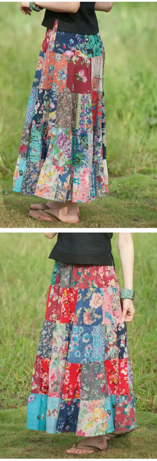 Women’s Bohemian Patchwork Maxi Skirt Holiday Beach Skirt Long Skirts Ethnic Splicing Skirt