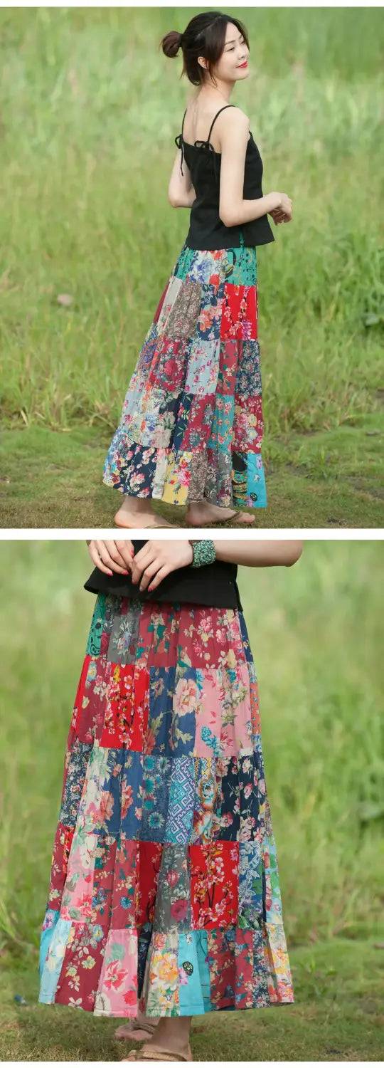 Women’s Bohemian Patchwork Maxi Skirt Holiday Beach Skirt Long Skirts Ethnic Splicing Skirt