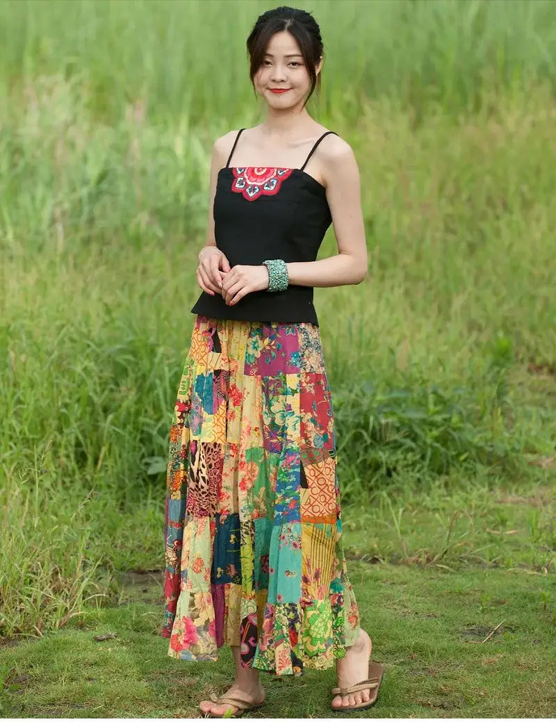 Women’s Bohemian Patchwork Maxi Skirt Holiday Beach Skirt Long Skirts Ethnic Splicing Skirt