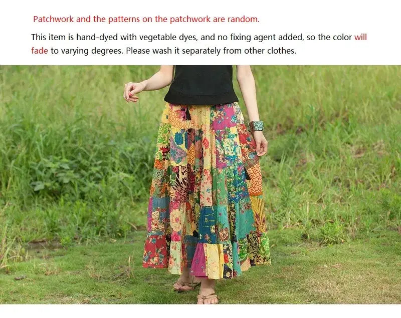 Women’s Bohemian Patchwork Maxi Skirt Holiday Beach Skirt Long Skirts Ethnic Splicing Skirt